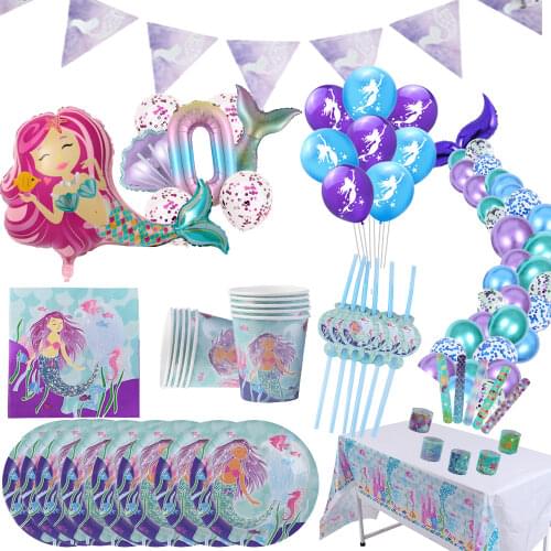 Little Mermaid Party Supplies Ocean Mermaid Birthday Party Favors Tableware Kit Wedding Decor 1st Girl Birthday Party Decoration