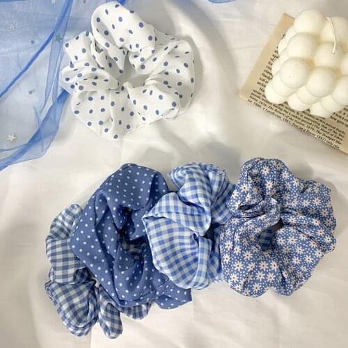 The taste of the sea blue tie hair rope sweet floral polka dot hair ring large intestine ring head rope hair accessories