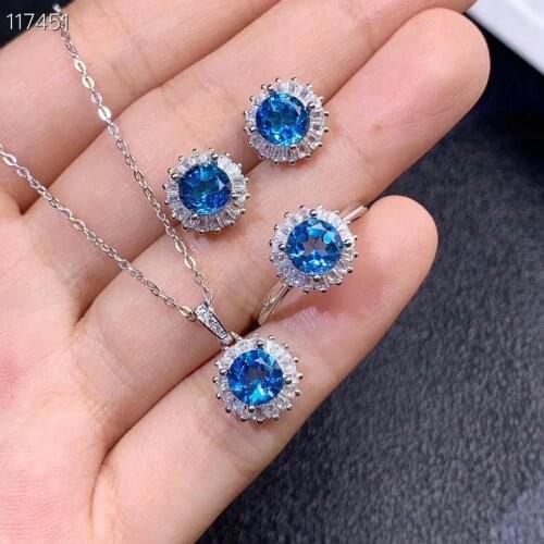 Attractive blue topaz gemstone ring stud earrings and necklace jewelry set for women natural gem real 925 silver platinum plated
