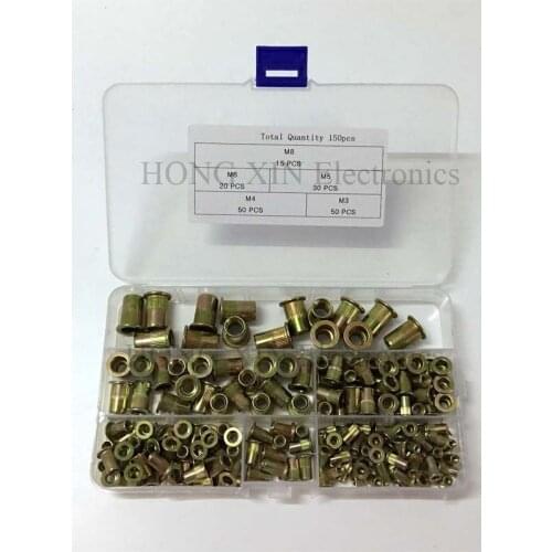 Rivet Nut Carbon Steel Galvanized M3 M4 M5 M6 M8 Flat Head Threaded Rivet Nut Sert Cap Assortment Kits 165pcs/set