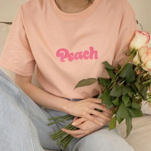 Women T-Shirt 2021 Summer Korean Chic Sweet Little Peach Embroidered Letters Round Neck Loose Short-Sleeved Pullover