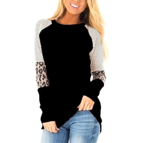 Women Striped Leopard Patch Baseball Long Sleeve T-Shirt Femme Plus Size Tee Top Shirt Korean Casual Basic Clothes Trendy Autumn