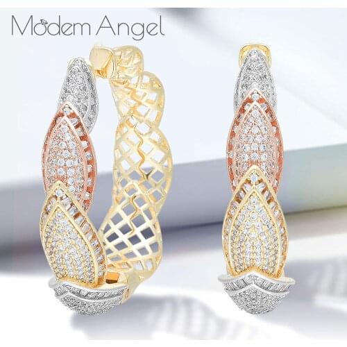 ModemAngel Full Micro Pave Zirconia Stone Gorgeous Three Tone Color CZ Crystal Women Long Big Earrings