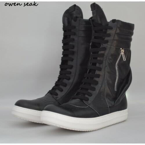 Owen Seak Women Genuine Leather Shoes High-TOP Ankle Luxury Trainers Winter Boots Lace Up Casual Brand Zip Flats Black