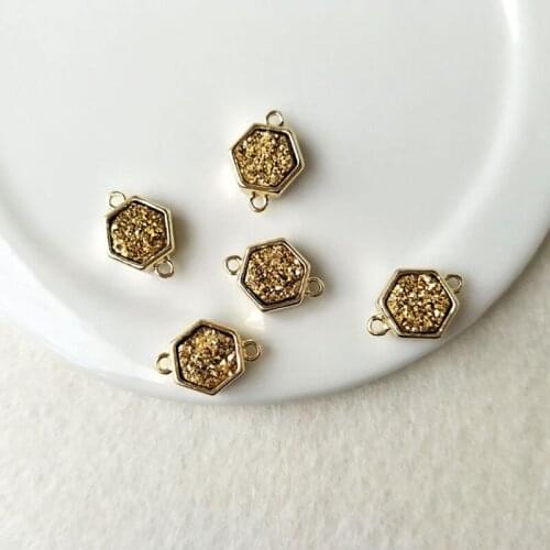 5pcs Gold color Hexagon Agat e Druzy Geode Pendant Charms Connector Double Bail DIY Making Bracelet necklace Jewelry CT84