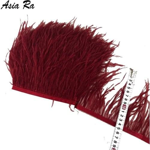 10M 13-15cm long high quality burgundy Ostrich Trims Feather Fringe Dyed with Satin Ribbon Tape skirt width feathers for crafts