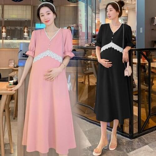 77588# Maternity Dress Summer Cotton V Neck Short Sleeves Loose Midi Dress Plus Size Pregnancy Dress Pregnant Women Mom Dress