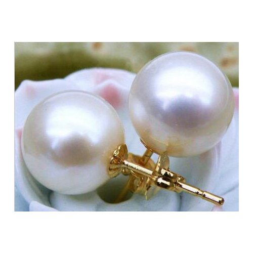 Free shipping>>>>noble jewelry 10mm AAA+++ perfect round white south sea pearls stud earring 14k yellow gold