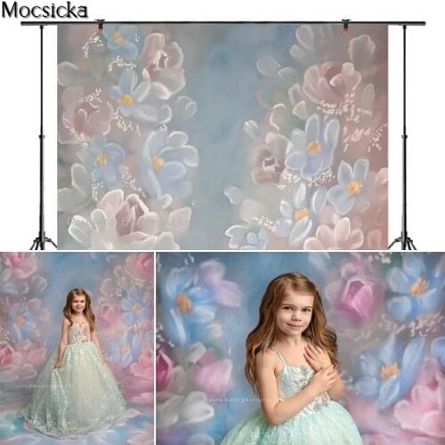 Mocsicka Pink Flowers Photography Background Hand Drawn Style Dream Blue Flower Backdrop Child Portrait Decoration Props Studio