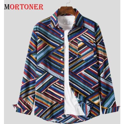 MORTONER 2021 Mens Corduroy Blue Twill African Ethnic Fashion Printed Shirt Casual Fit Cotton Long-sleeved Shirt Chemise Homme