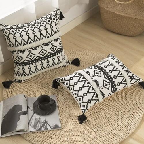 Black White Geometric Cushion Cover 45x45cm Tufted Cotton Woven Pillow Cover Handmade for Home Decoration Sofa Bed Boho Style