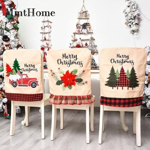 2021 New Christmas Decoration Chair Cover Creative Cartoon Machine Embroidered Linen Christmas Flower Chair Back Cover