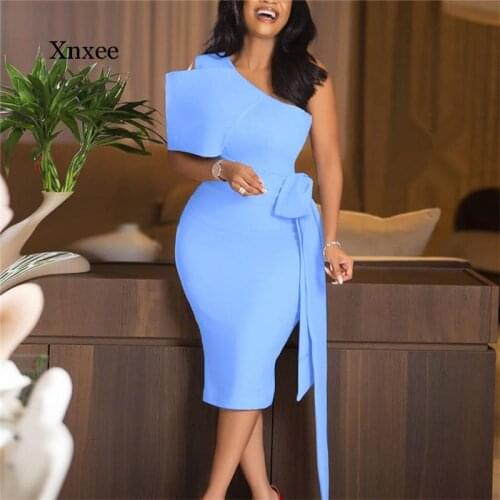 Solid One Shoulder Women Bodycon Dresses Bow Waist Belt Elegant Dress Fashion Slim Vestido African Event Evening Robe Clothing