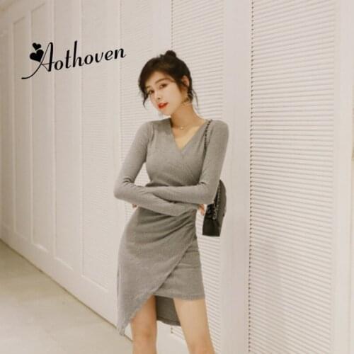 Autumn Bodycon Asymmetrical Dresses Gray Elegant V Neck Full Sleeve Draped Dress Women Office Sexy Party Lady Dress Vestidos