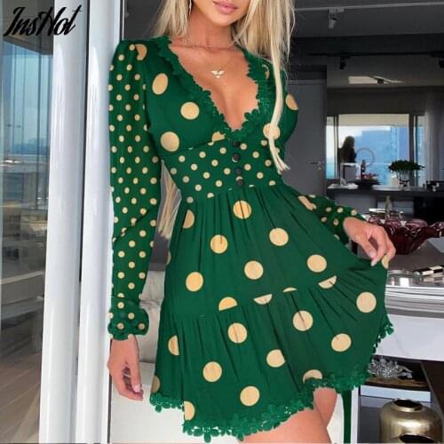 2021 Sexy Lace V Neck Long Sleeve Dress Causal A Line Polka Dot Slim Mini Dress Spring High Street Puff Sleeve Dress Ladies