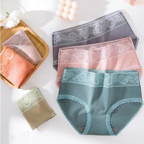 Roseheart Women Fashion Pink Skin Cotton Mid Waist Panties Lace Underwear Lingerie Seamless Briefs Underpants M L XL Plus Size
