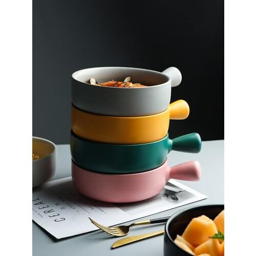 Creative large capacity ceramic handle baked rice bowl northern European style salad soup noodle breakfast simple tableware