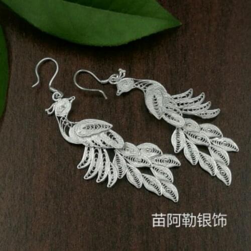 S999 sterling silver earrings Korean ladies long section tassel jewelry brushed Phoenix peacock earrings