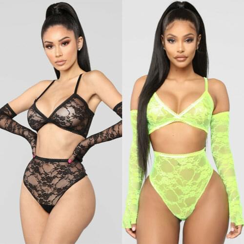 Sexy Lingerie Hot Womens Exotic Sets Lace Transparent Bralette Panty G-String Thong Gloves 3Pcs Sleepwear Underwear Nightwear