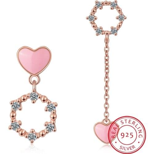 Pink Love Heart Asymmetrical Earrings Geometric Zirconia Long Tassel 925 Sterling Silver Earrings oorbellen S-E783