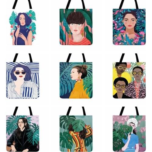 Charming Girl Painting Print Tote Bag For Women Casual Tote Outdoor Beach Tote Bags Foldable Shopping Bags Ladies Shoulder Bag