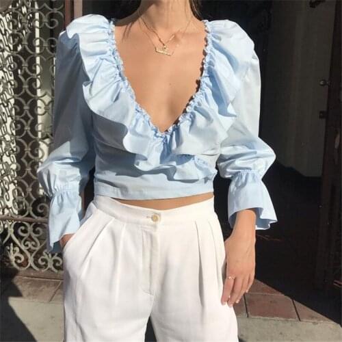 Women Hot Fashion Shirt Blouse Deep V Neck Long Sleeve Pullover Solid Casual OL Crop top Summer Autumn Ruffle Chic Top Size S-XL