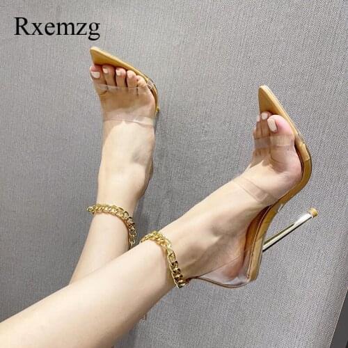 Rxemzg Women Summer Shoes Elegant Clean PVC Sandals Ladies Thin High Heels Metal Decoration Party Sandals Open Toe Dress Shoes