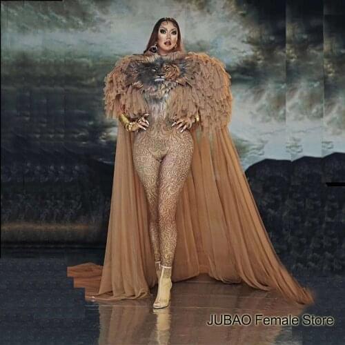 Tiger animal print Jumpsuit Women Singer Sexy cape gauze Stage Outfit Bar Dance Cosplay Bodysuit Costume Prom rave made custom