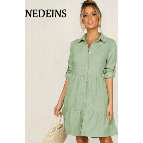 NEDEINS Women Shirt Lapel Solid Color Dress 2020 Summer Elegant Half Sleeve Chic Button Dress Fashion Slim Knee-length Dress