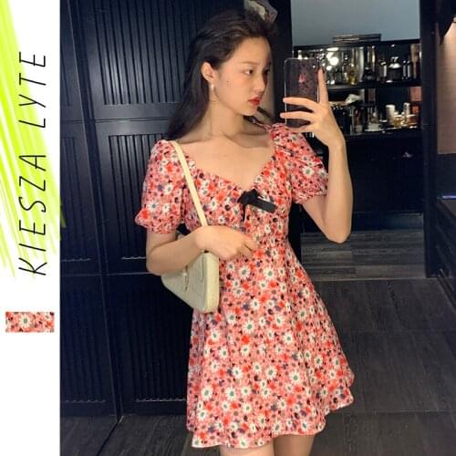 Bow Knot Floral Dress for Women 2021 Summer Boho Holiday High Waist Tucked Mini Dresses