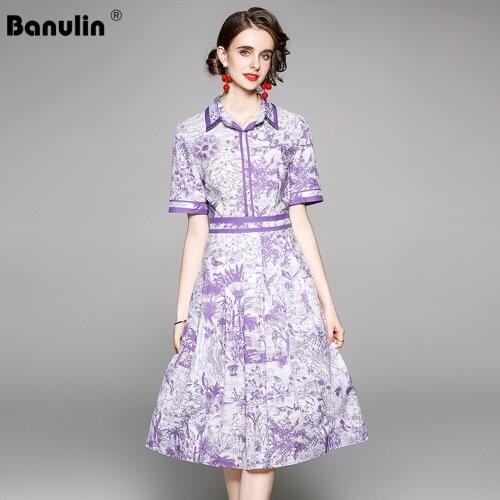 Banulin Summer Party A-line Midi Dress 2021 Women Runway Floral Print Elegant Boho Short Sleeve Sexy Vintage Dress Vestidos