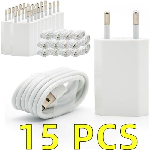 15PCS/Lot EU Plug White Color Wall USB Charger For iPhone 8 Pin Charging Cable + Charger Adapter For Apple iPhone 6 7 Plus 5S 5