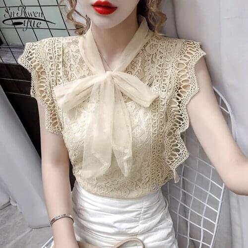 2021 Womens Tops and Blouses Lace Patchwork Blusas Korean Fashion Clothing Solid Hollow Out Shirt Vintage Sleeveless Shirt 9811