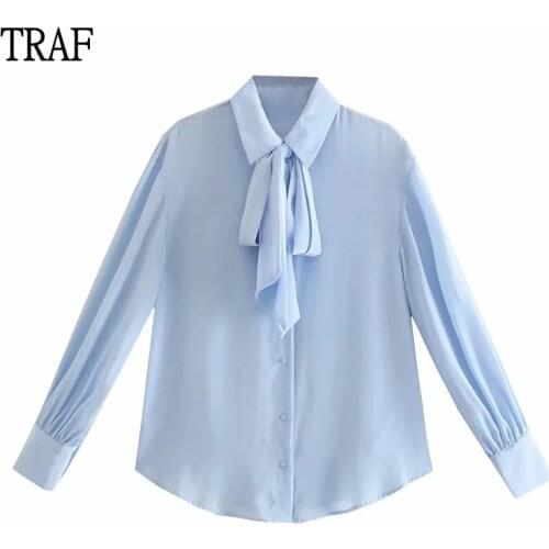 TRAF Za Blue Satin Womens Shirt 2021 Spring Long Sleeve Office Lady Elegant Blouses Woman Fashion Bow Loose Top Female Shirt