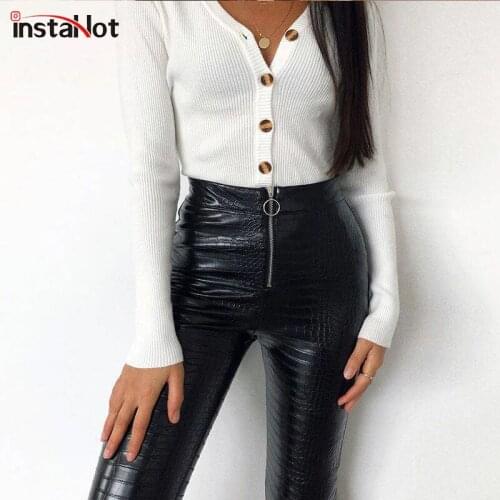 InstaHot Elegant High Waist Faux Leather Pants Women Pencil Skinny Pants Office Ladies Trousers Casual Slim Black Ladies Capris