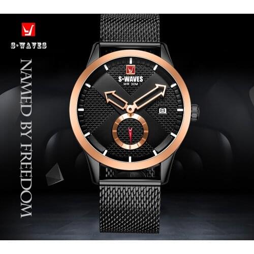 SWAVES Sports Mens Watches Stainless Steel Waterproof Clock Mens Wristwatches New Unique Quartz Relojes Para Hombre Rose Black