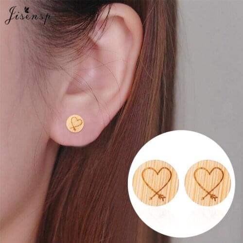 Jisensp Wooden Jewelry New Fashion Arrow Heart Stud Earrings for Women Girls Lovely Sweet Heart Geometric Jewelry Gift