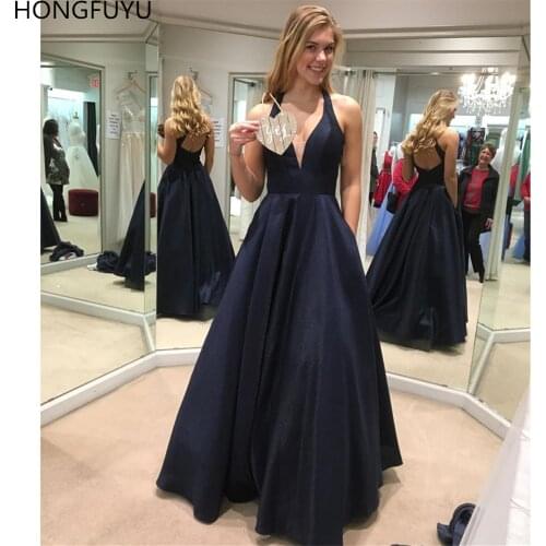 HONGFUYU Navy Blue Satin Prom Dresses Long Formal Dress Halter Deep V Neck Evening Gowns Party Dress With Pockets Vestidos Festa