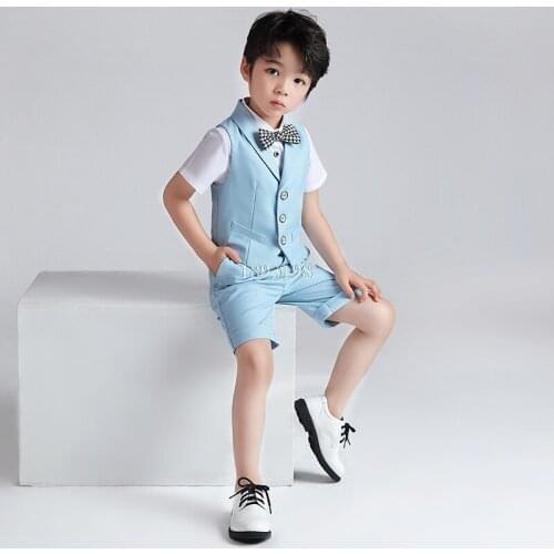 Flower Boys Formal Vest Suit Set Children Short-sleeved Shorts Waistcoat Bwotie Outfit Kids Host Show Party Wedding Costume