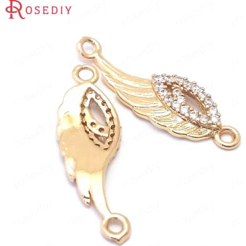 38863)6PCS 24x7.5MM 24K Champagne Gold Color Brass and Zircon 2 Holes Wing Connect Charms Pendants Jewelry Making Accessories