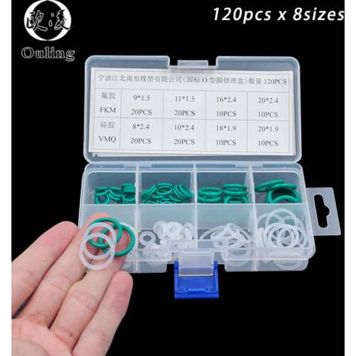 Mini White Green 120PCS 8Sizes VMQ FKM O Ring Silicone Seal Silicon Sealing Assortment O-ring Set Kit Flexible Gasket Ring