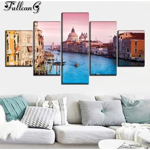 FULLCANG Water city scenery 5 piece diy diamond painting full drill mosaic cross stitch rhinestone embroidery kits FG0214
