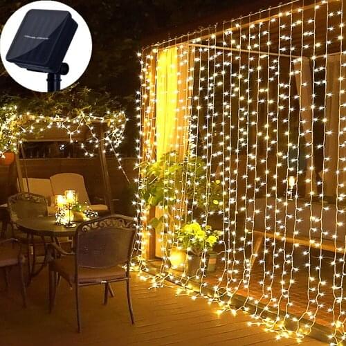 Outdoor Solar Lights Curtain 300 Leds Solar Garlands New Year Christmas Wedding Party Decoration For Garden Street Living Room