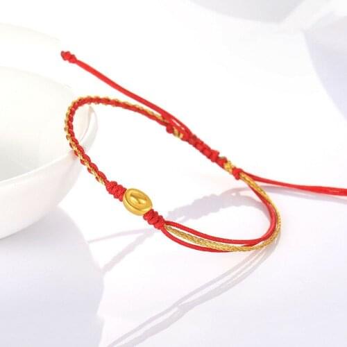 Genuine 24K Yellow Gold Lovely Yuanbao with Red Cord Bracelet Length from 5" to 15"