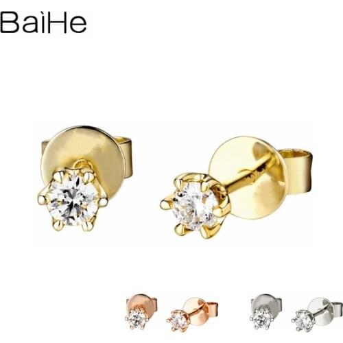 BAIHE Solid 14K Yellow/Rose/White Gold H/SI Natural Diamonds Cерьги Wedding Trendy Fine Jewelry 6 Prong Stud Earrings Women Gift