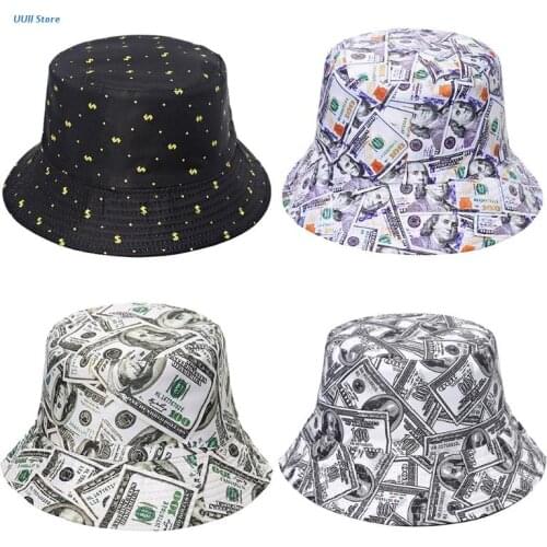 Printed-Dollar Bucket Hats Polyester Foldable Beach Sunhats Fisherman for Women Men Casual Panama in Summer