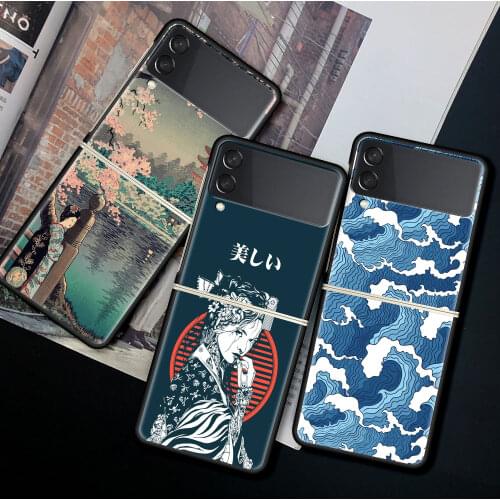 For Samsung Galaxy Z Flip 3 5G Case Luxury Matte Black Hard Phone Cover ZFlip 3 Shockproof Fundas Shell Japanese Style Art Japan