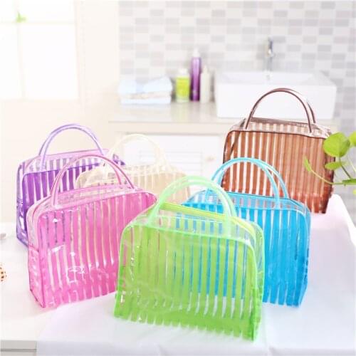 Transparent PVC Zipper Cosmetic Makeup Organizer Bag Stripe Portable Waterproof Makeup Tool Storage Ladies Bag