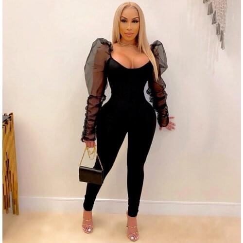 Sheer Mesh Black Bodycon Jumpsuit Women Winter 2020 Puff Long Sleeve Jumpsuit Outfits Patchwork Sexy Outfits for Women Clubwear
