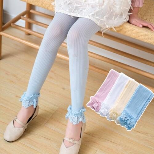 Girls Crown Vertical Stripe Lace Cropped Pants Summer Thin Section Hollow Breathable Childrens Solid Color Base Slim Pants